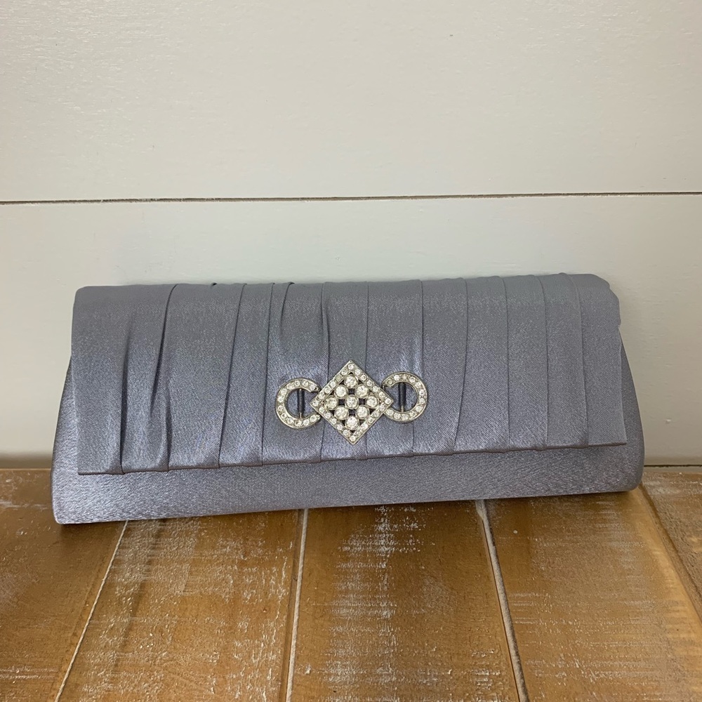 NWT Bijoux Turner Satin Silver Gray Jeweled Clutch Crossbody Purse Handbag